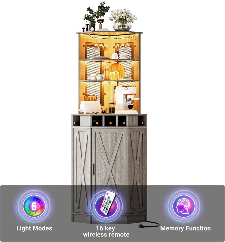 Alto Bar Corner Cabinet, Farmhouse Wine Cabinet com 2 Prateleiras ajustáveis, Coffee Bar Cabinet, LED RGB Power Outlet, 73,6 em