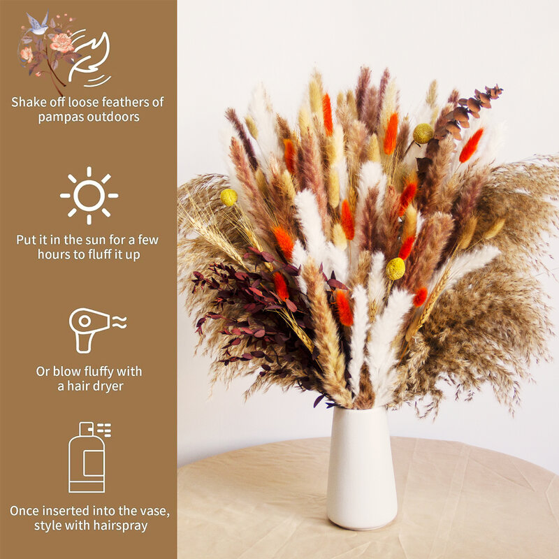 Ramo de flores secas de hierba de colas de conejo esponjosas para boda, decoración de mesa de comedor DIY, hojas de eucalipto, decoración de fiesta en casa