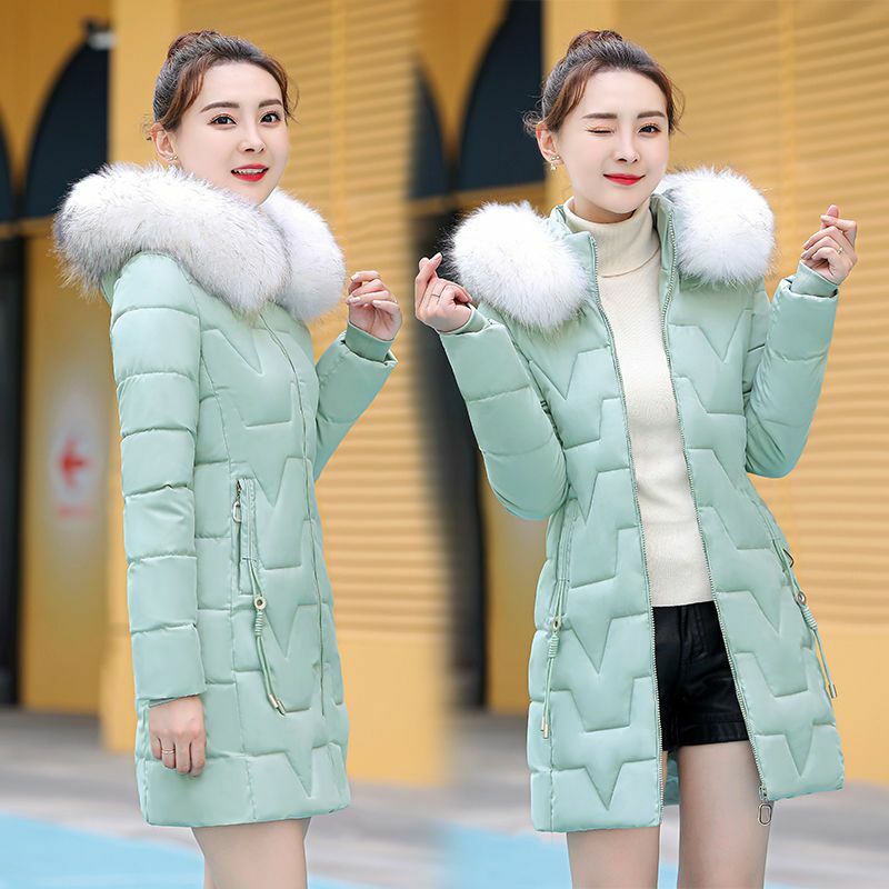 Jaket musim dingin wanita, mantel bertudung kerah bulu hangat tebal parka versi panjang sedang musim dingin 2023