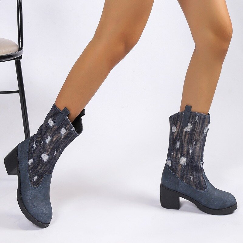 Sepatu wanita 2023 merek Slip-on sepatu bot wanita mode jahit Modern sepatu wanita baru ujung bulat hak persegi sepatu setengah betis wanita