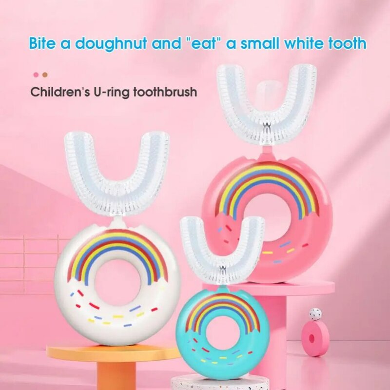 어린이 U자형 도넛 모양 칫솔, 만화 실리콘 아기 칫솔, 수동 구강 관리 청소, 2-6 세
