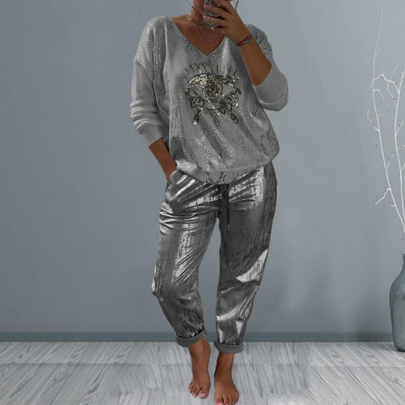 V-neck Long Sleeve Top Women Wide Leg Pants Eye Print Women's Top Pants Set with V Neck Drawstring Waist Casual Daily for Loose