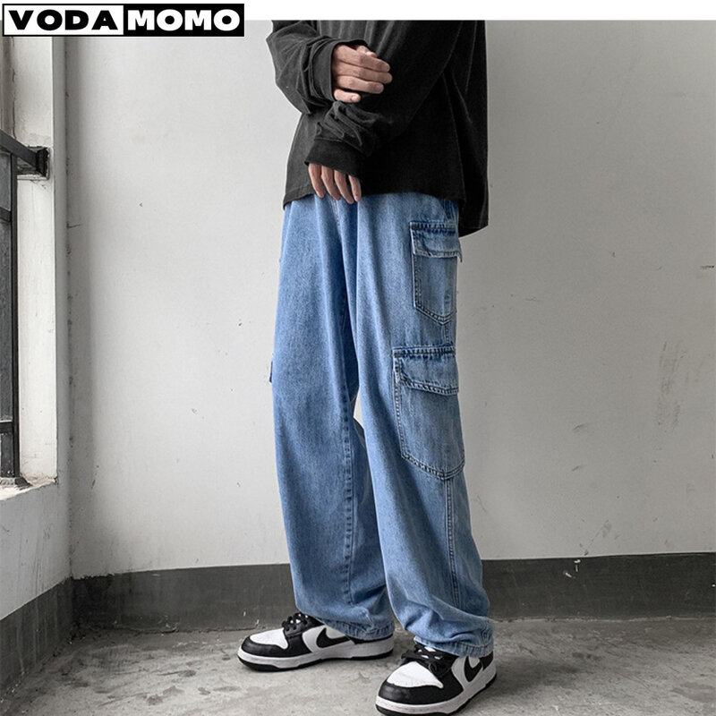 Jeans kaki lurus Retro untuk pria, celana kerja kasual unik gaya jalanan Amerika bersaku longgar musim gugur