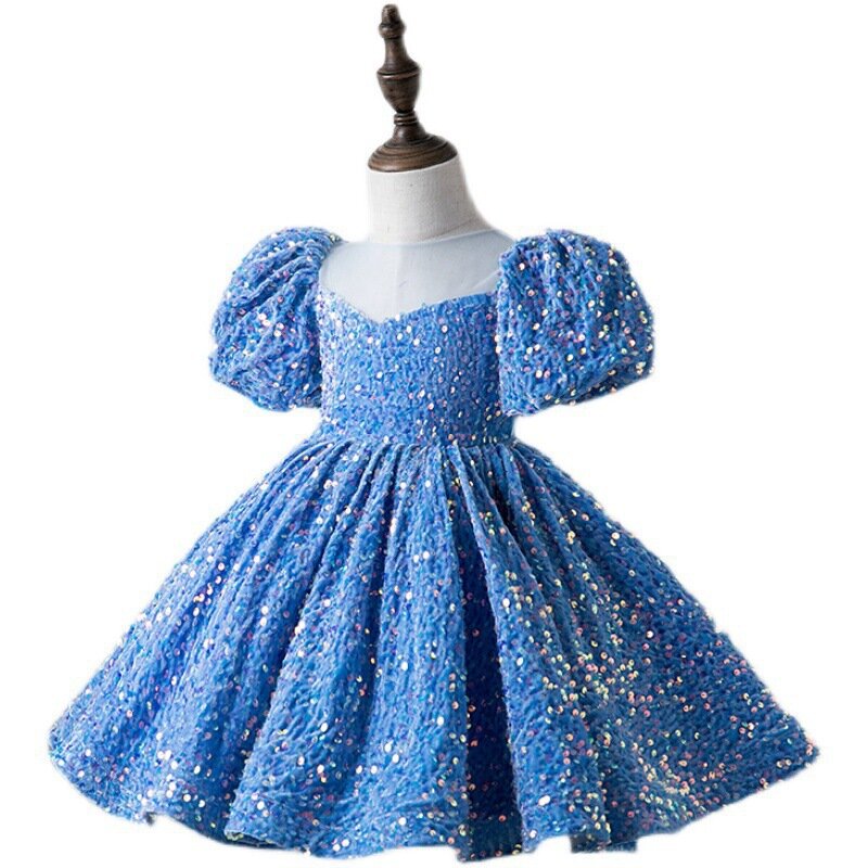 Новинка 2024, платье принцессы с блестками и рукавами-пузырьками для девочек, милое Сетчатое пушистое платье, одежда для банкета, карнавала, выступления