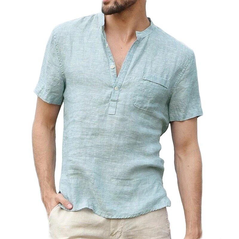 S-3XL! Chemises décontractées en coton et lin pour hommes, manches courtes, col en V, t-shirt respirant pour hommes, vêtements pour hommes, nouvelle mode, 2024