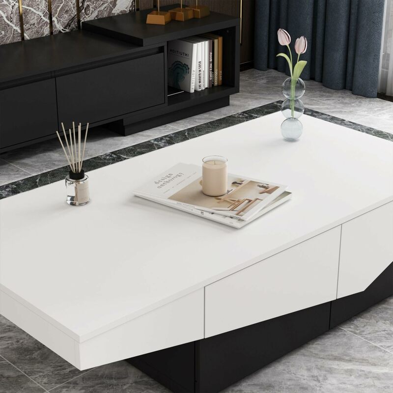 Tavolino moderno con 4 cassetti, tavolo centrale soggiorno con contenitore, legno bianco e nero
