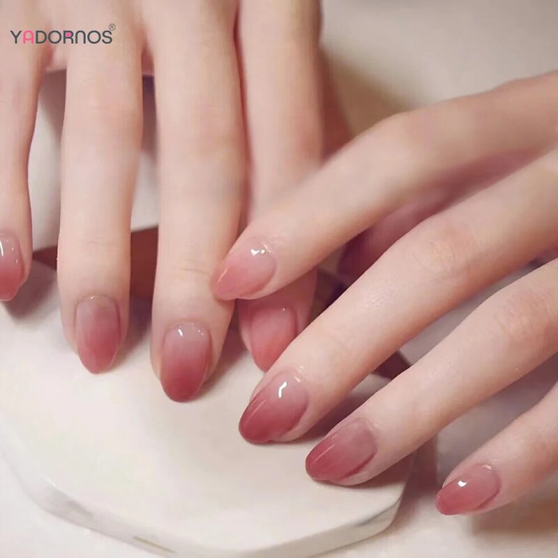 Blush Pink Fake Nails Gradient Color Press on Nails Almond Full Cover False Nails Tips DIY Manicure for Woman and Girls 24Pcs