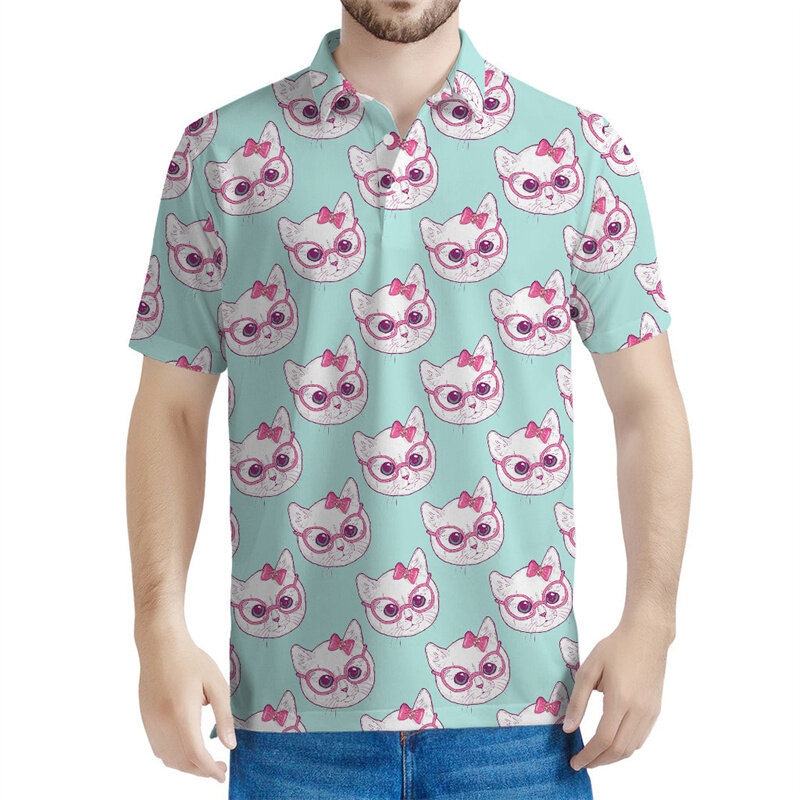 사랑스러운 고양이 패턴 폴로 셔츠 남성용, 3D 인쇄 만화 동물 티셔츠, 어린이 여름 반팔 상의, 느슨한 티셔츠