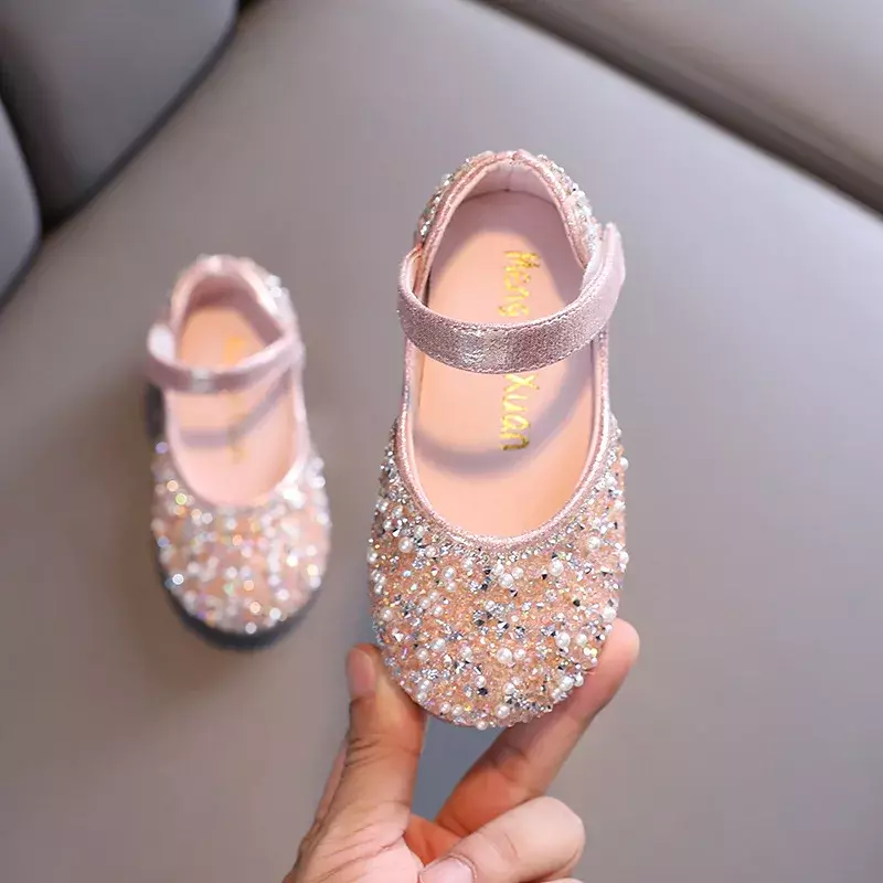 Zapatos de cuero con diamantes de imitación para niñas, zapatos de princesa con lazo de perlas, suaves, para bebés y niños pequeños, primavera 2024, G06