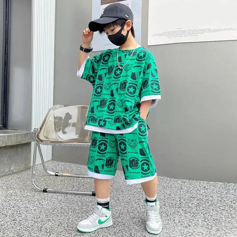 2023 Zomer Koreaanse Kinder Knappe Kleding Set Jongens Zomer Korte Mouw T-Shirt Short Set Nieuwe Jongens