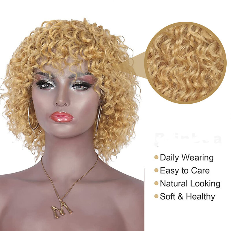 Peluca rizada corta hecha a máquina para mujer, pelucas de cabello humano con flequillo, cabello Bob brasileño, Onda de agua profunda barata