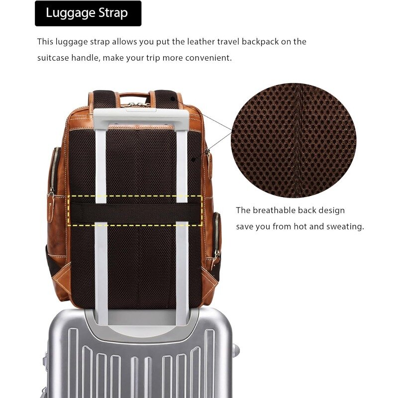 Genuine Leather Backpack for Men, 15.6" Laptop Backpack Camping Travel 24L Rucksack