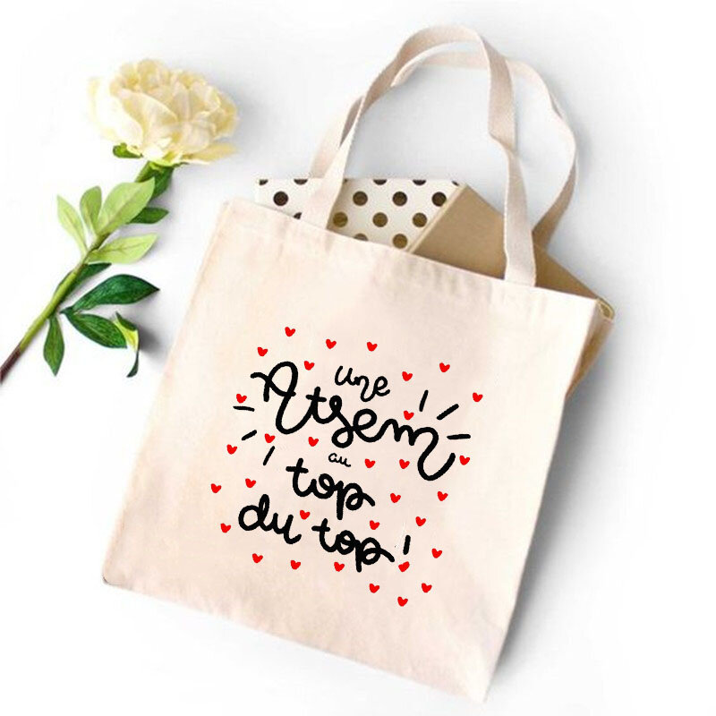 Super Atsem Eco Merci Atsem ภาษาฝรั่งเศสคำพิมพ์ Harajuku แฟชั่นผู้หญิงกระเป๋าของขวัญผ้าใบกระเป๋าสะพายไหล่