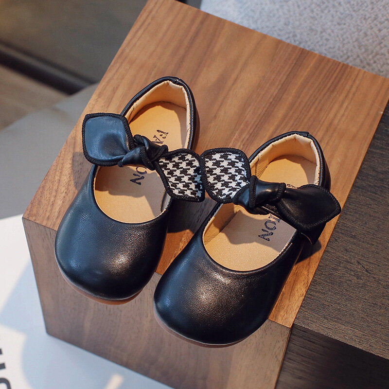Sapatos de princesa Houndstooth com gravata borboleta para bebês, sapatos de couro para festa e casamento, dedo do pé redondo, moda infantil