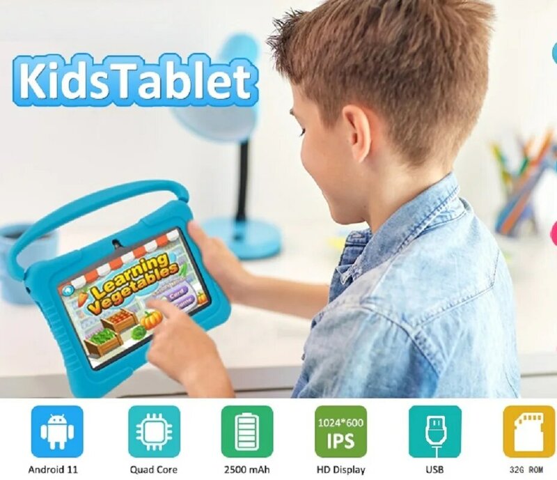 Детский планшет, 7-дюймовый Дошкольный учебный планшет, USB зарядка, родительский замок, 32 г, бесплатное содержание ребенка, защита глаз HDScreen, 2 камеры