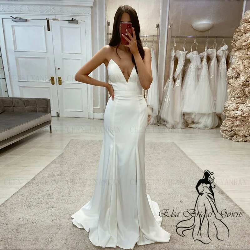 Robes de mariée sirène en satin pour femmes, robes longues à lacets, col en V simple, robes de mariée sexy, haute qualité, 2023