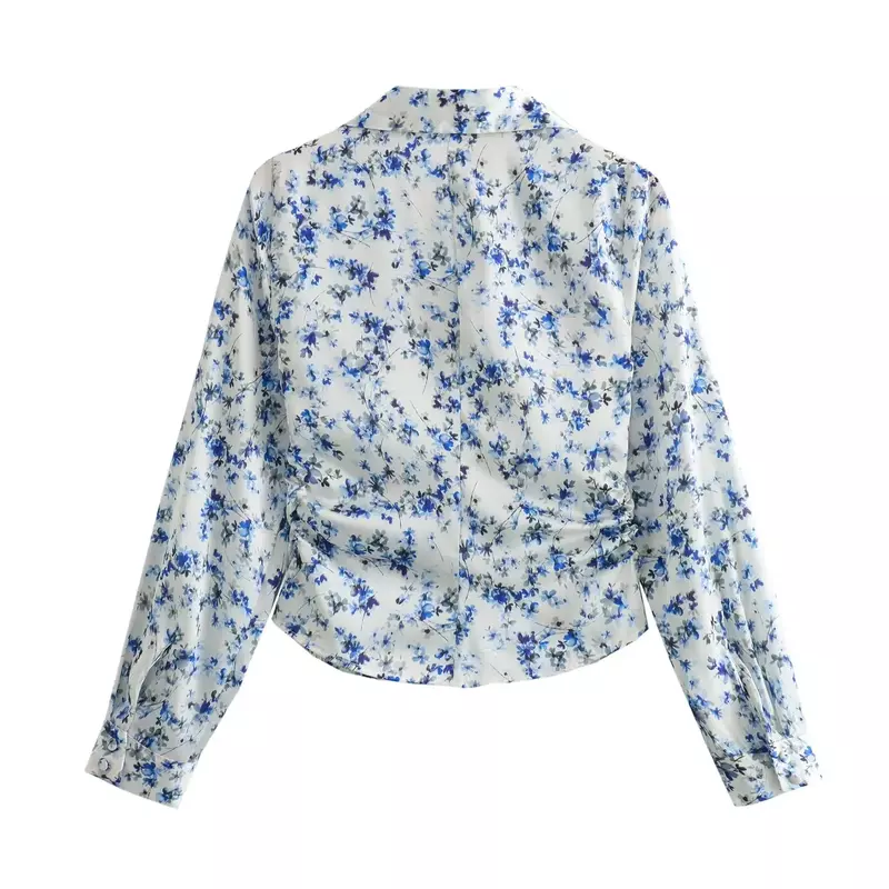 Women New Fashion Floral Print decoration Cropped Slim Satin Blouses Vintage Long Sleeve Button-up Female Shirts Chic Tops