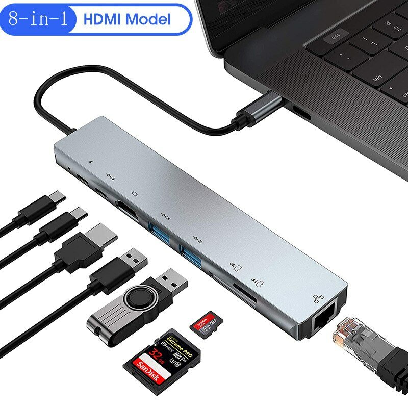 Concentrador de red USB tipo C 8 en 1, divisor 4K Thunderbolt 3, estación de acoplamiento, adaptador de ordenador portátil para Macbook Air M1, iPad Pro, RJ45, HDMI