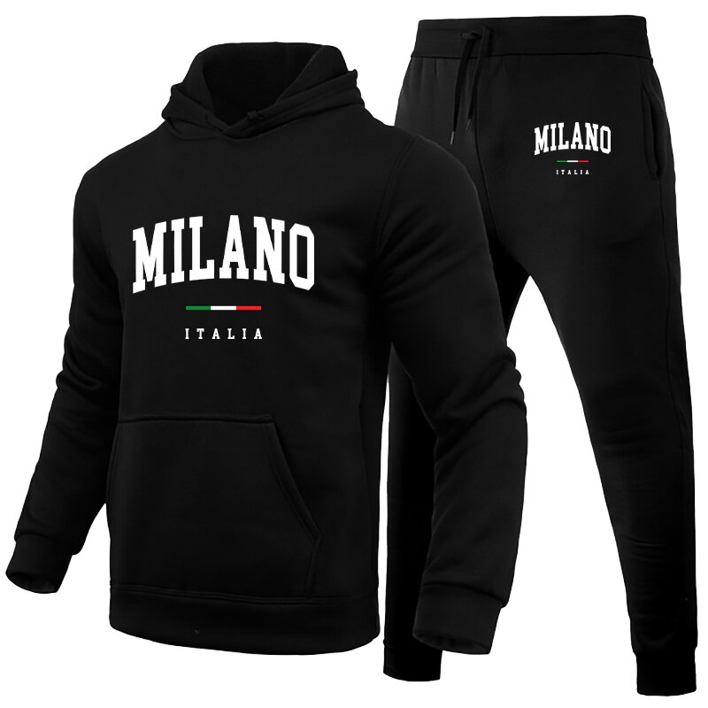 Men's Luxury Hoodie Set Milano Print Sweatshirt Sweatpant for Male Hooded Tops Jogging Trousers Suit Casual Streetwear Tracksuit
