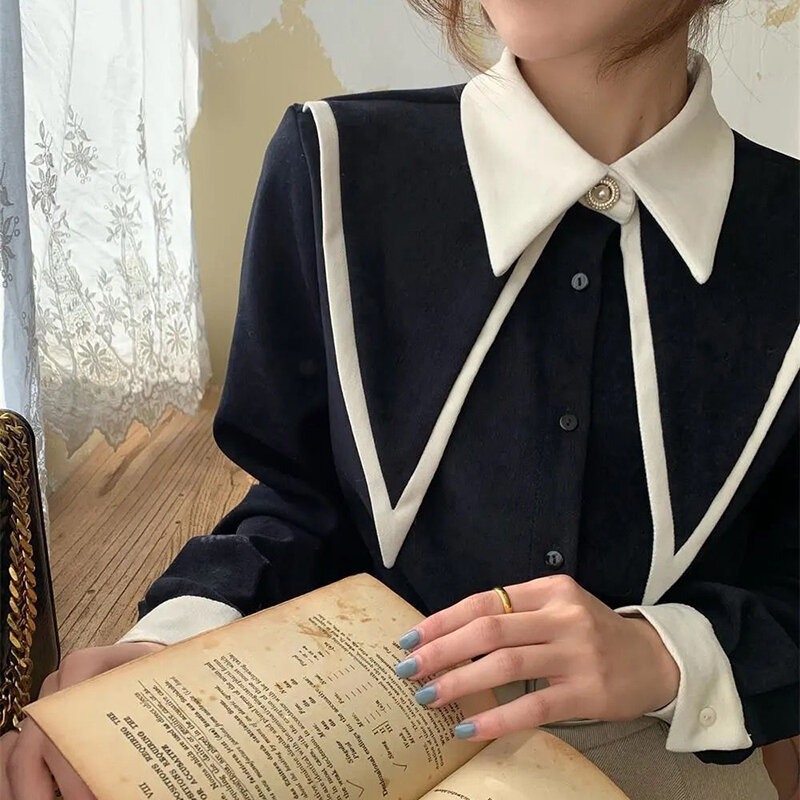 MEXZT Vintage Elegante Camisas Mulheres Chiffon Patchwork Ruffle Turn Down Collar Manga Longa Blusa Coreano Senhora Do Escritório Solto Tops