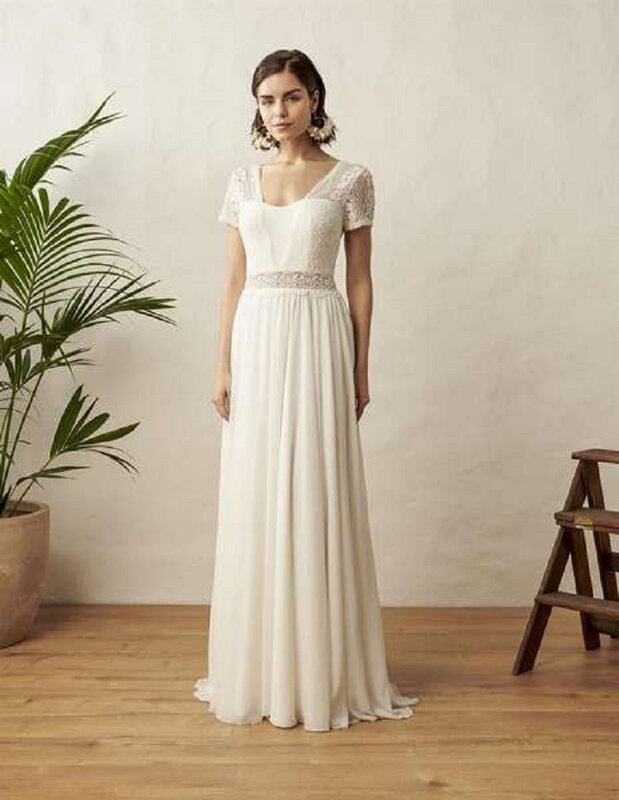 Женское шифоновое свадебное платье LSYX, с V-образным вырезом, в стиле бохо, с короткими рукавами и открытой спиной, длиной до пола, платье невесты на заказ, 2024