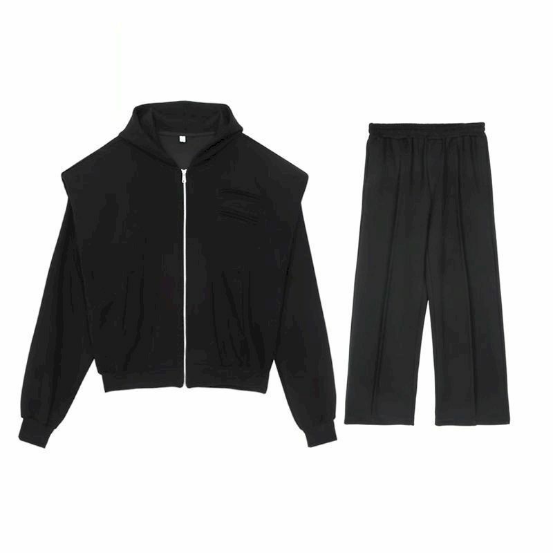 Gothic Shoulder Padded Zipper Hoodies+Loose Straight Pants 2 Piece Sets Women Harajuku Vintage Matching Sets Men K pop Clothes