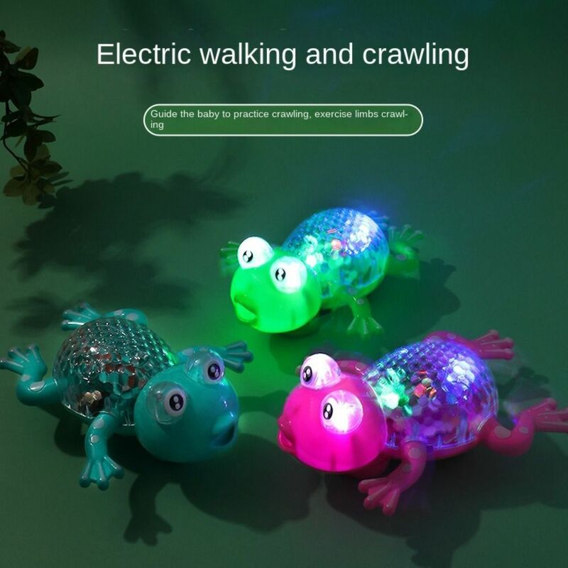 Mainan kodok kecil merangkak elektrik, tali tarik merangkak, mainan kodok kecil memancarkan cahaya dengan musik boneka elektrik plastik kartun