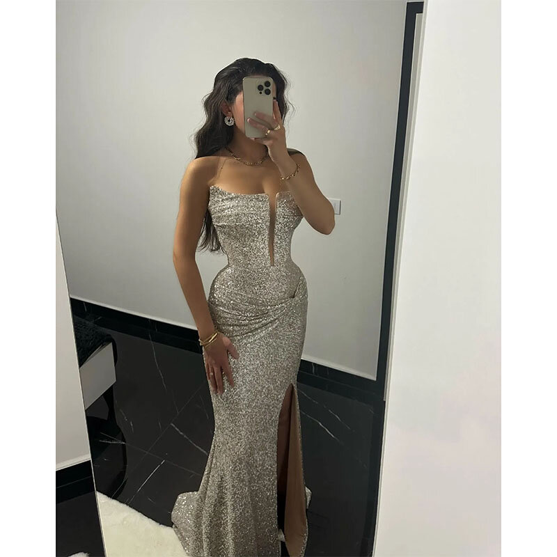 Sexy Silver Mermaid Prom Dress Strapless Sequins Evening Dresses Elegant Party Gowns for Special Occasions Split Robe De Soiree