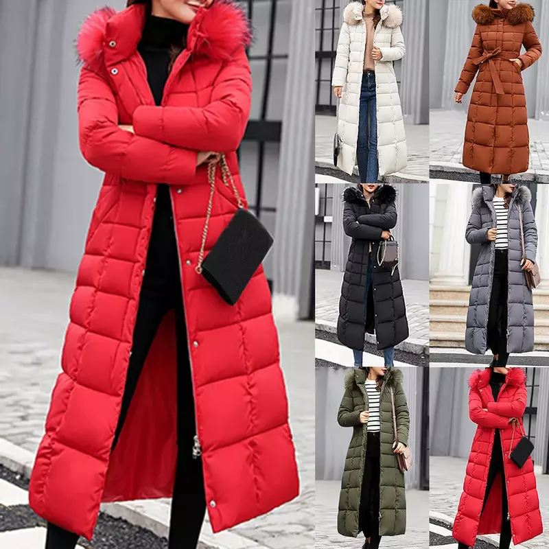 Parkas de colarinho de pele longo com capuz feminino, casaco casual fino, casaco quente, casacos, streetwear, inverno