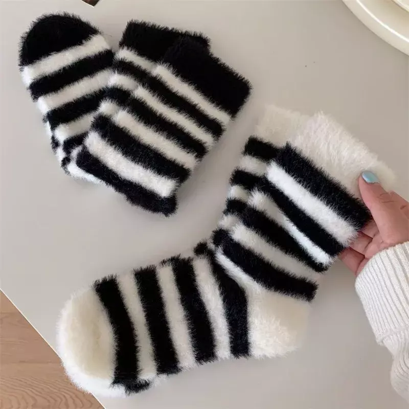 Striped Mink Fleece Super Soft Socks for Women Winter Warm Thicken Coral Plush Socks Thermal Snow Home Sleep Floor Kawaii Sock