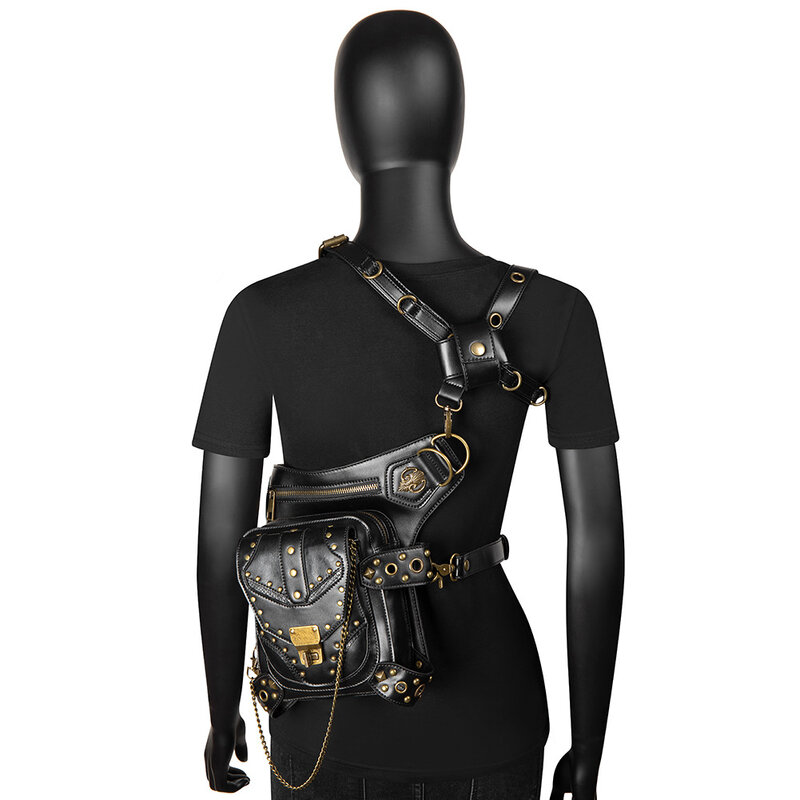Bolso de motocicleta con remaches Retro Steampunk para mujer, bolso de mensajero de un solo hombro, bolso de cintura con cadena, riñonera, bolso de pierna, monedero