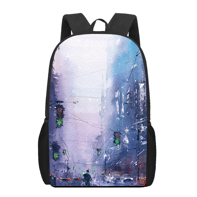 Watercolor Painting Landscape 3D Print School Bag Set for Teenager Girls Primary Kids Backpack Book Bags Large Capacity Backpack