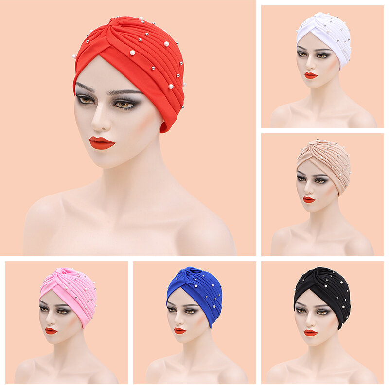 African Headwrap สุภาพสตรี Head Wraps อินเดียหมวก Hijabs หมวก Beaded หมวกโพกหัว Soild สีผ้าฝ้ายผ้าโพกศีรษะด้านใน Hijab หมวก