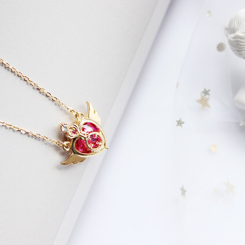 Anime Sailor Moon kalung cinta sayap tongkat sihir liontin kalung gadis perhiasan hadiah Cosplay Prop Choker