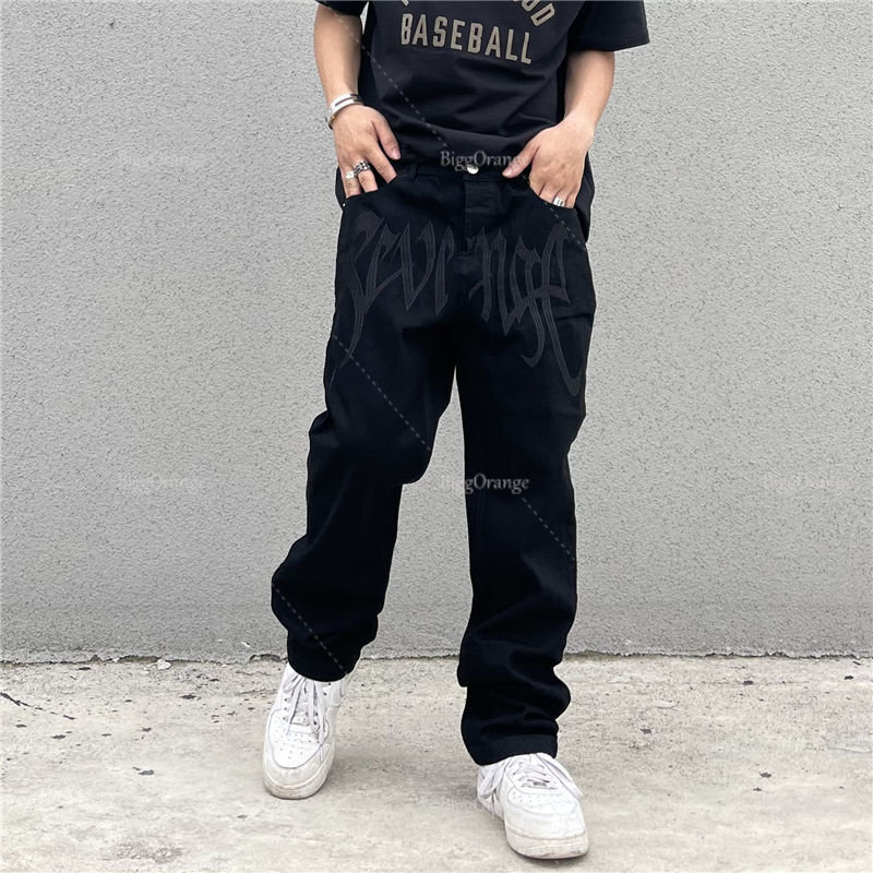 Джинсы мужские с низкой посадкой, модные мешковатые брюки в стиле хип-хоп, с вышивкой в стиле эмо, модная уличная одежда, черные прямые штаны, Y2K