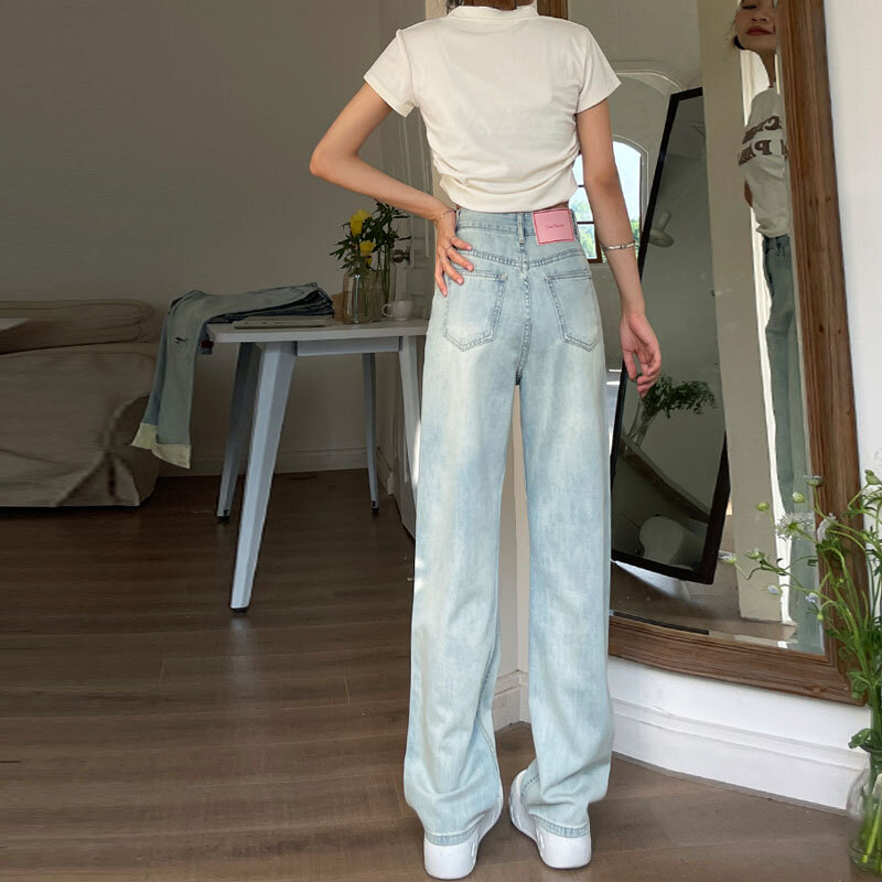 Różowa etykieta projektuje nowe, małe, luźne, luźne, niszowe proste długie spodnie z szerokimi nogawkami z wysokim stanem