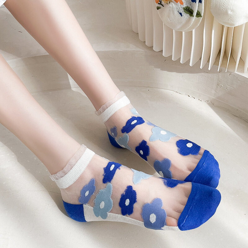 ถุงเท้าผ้าฝ้ายด้านล่างเป็นลูกไม้ jacquard Klein สีน้ำเงินการ์ดถุงเท้าไหมเรือ