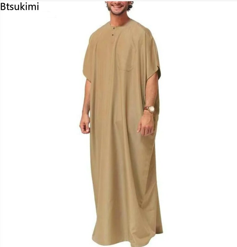 Baru 2024 pria Islam Arab Kaftan Vintage padat lengan pendek longgar Retro jubah Abaya Dubai Timur Tengah Muslim pakaian S-5XL