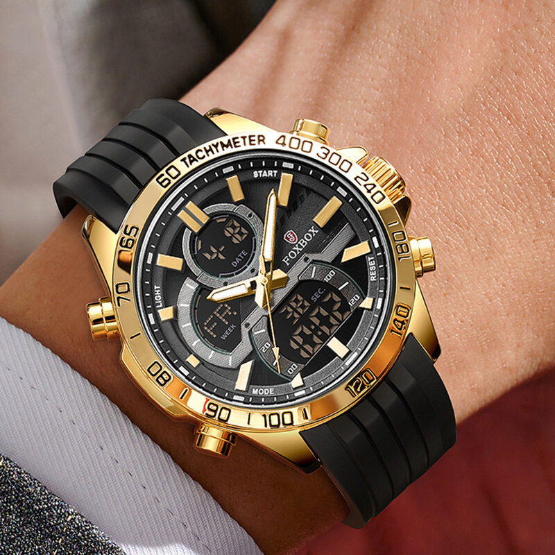 男性用高級時計,クォーツボックス付きステンレススチール腕時計,耐水性,発光,デュアルディスプレイ,男性