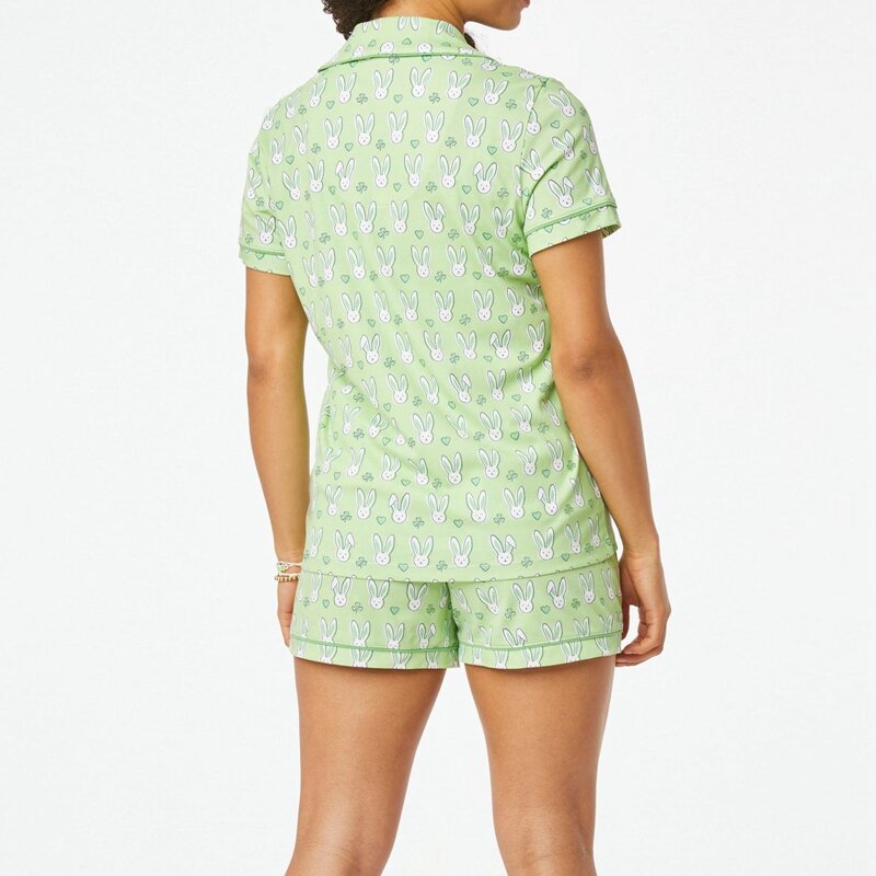 Women Pajama Set 2 Piece Set Cartoon Print Short Sleeve Button Closure T-Shirt + Shorts Home Sleepwear Loungewear Matching Suit