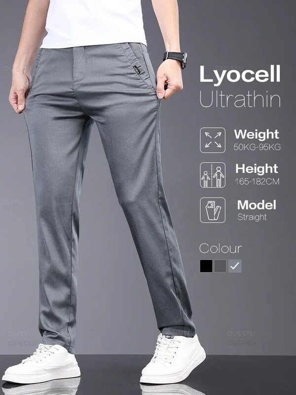 OUSSYU Brand Spring Summer Soft Stretch Lyocell Fabric Men's Casual Pants Thin Slim Elastic Waist Business Grey Trousers Male