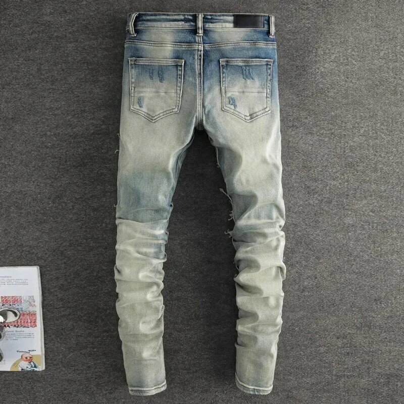 Jeans rasgado azul lavado retrô, calças de grife, marca Hip Hop, moda de rua alta, designer masculino