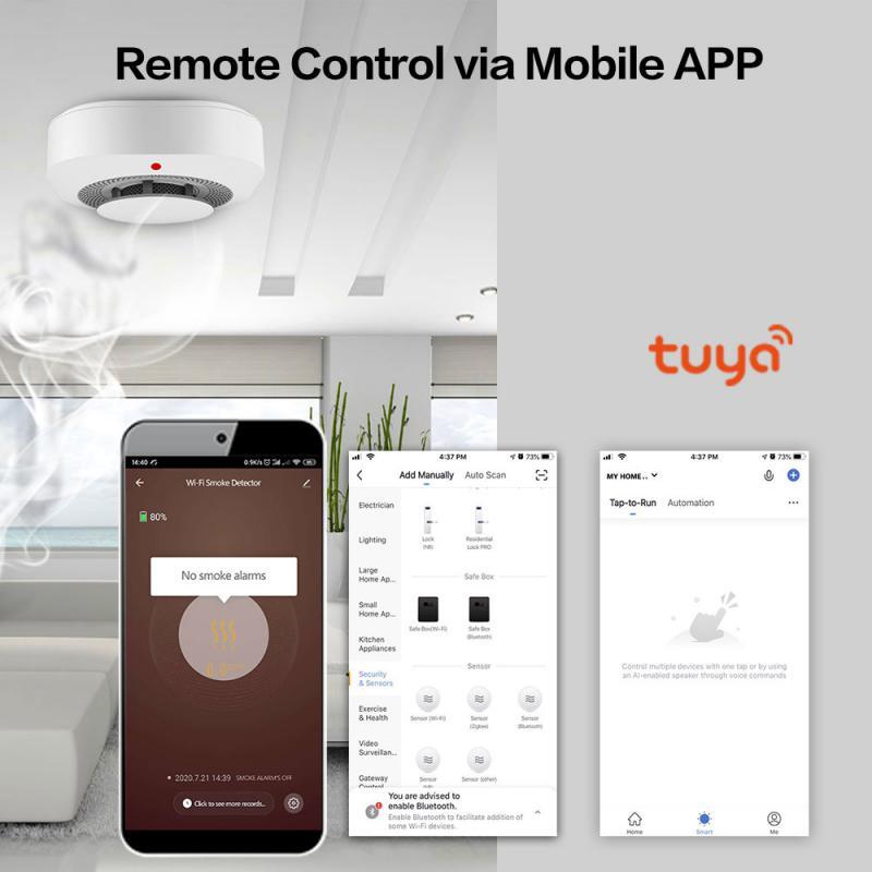 Tuya-와이파이 연기 감지기 센서, 90DB 알람 화재 스마트 연기 감지기, Tuya/스마트 라이프 앱 제어, 알렉사/구글 홈으로 작동
