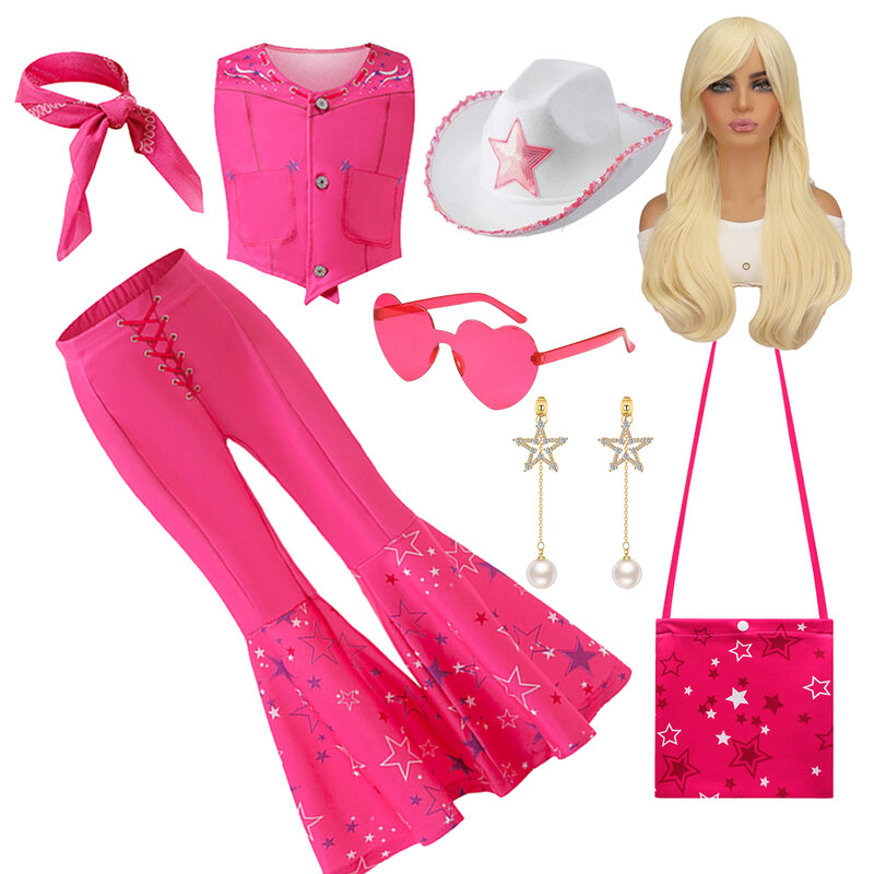 Barbi kostum gadis Margot Robbie Barbe Pink atas + celana panjang anak-anak Halloween karnaval Paskah Cosplay kostum film Barbi untuk anak-anak