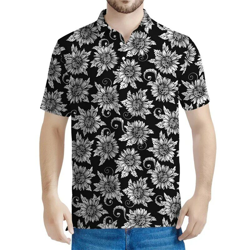 男性と女性のための3Dプリントひまわりポロシャツ,花のグラフィック,半袖,ストリートウェア,ラペルTシャツ,夏のボタン