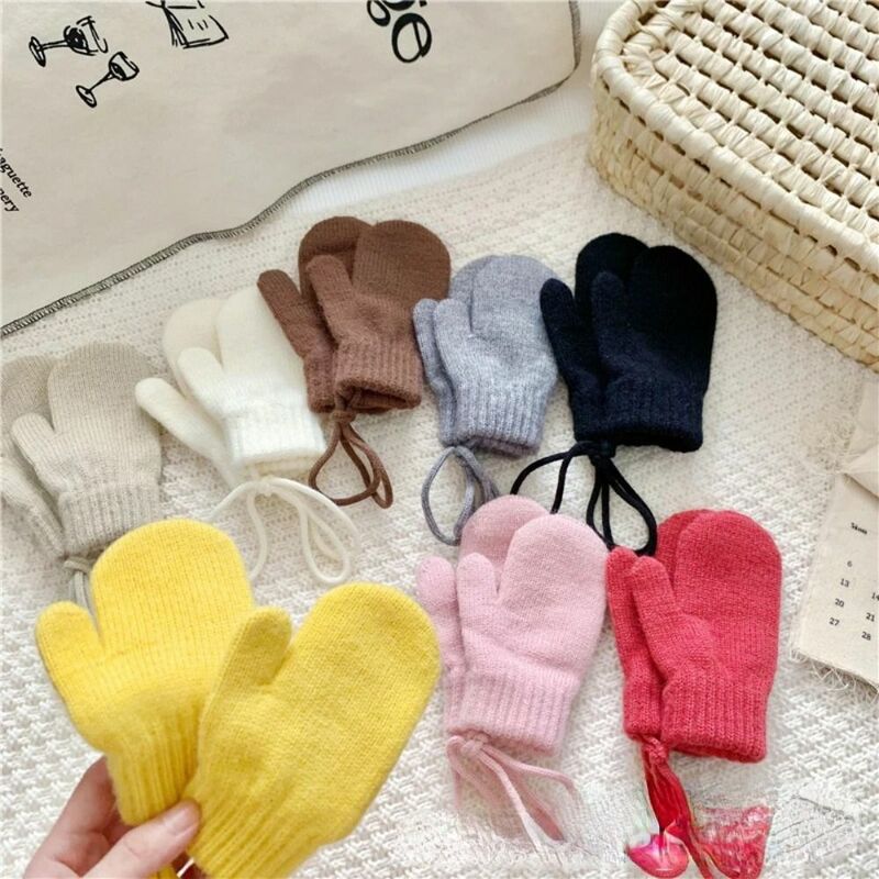 1-3 Years Old Knitted Gloves Cute Warm Windproof Winter Mittens Coldproof With Lanyard Kids Hanging Neck Gloves