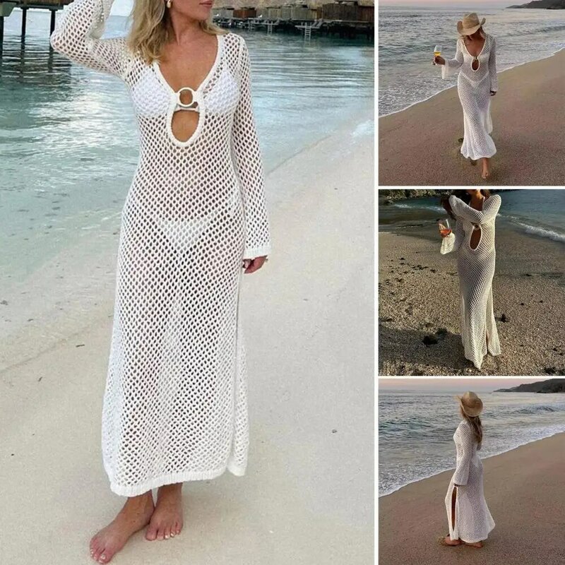 Vestido para cubrir Bikini para mujer, ropa de playa de ganchillo de manga larga, elegante, Sexy, para verano