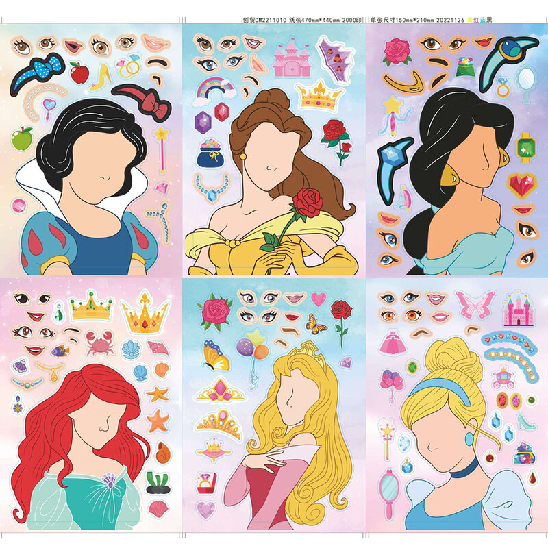 Disney-Cute Princess Puzzle Adesivos para Crianças, Fazer um Decalque Rosto, Kawaii, Assembly Jigsaw, Adesivo Educativo, Party Toy, 6 Folhas, 12 Folhas