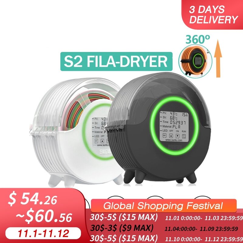 Nuovo S2 3D filamento Dryer aggiornamento Filadryer LED Touch Screen Dry Box 360 ° Surround riscaldamento regolabile Thermo 3D Printing Drying
