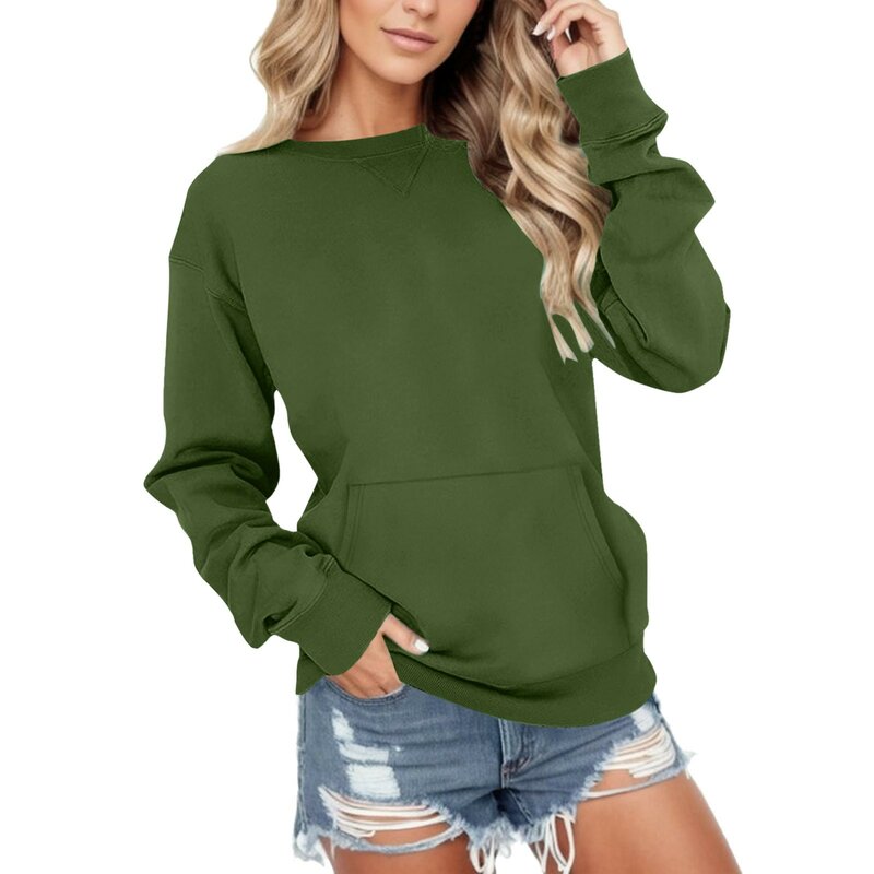 Pullover Sweater For Women O Neck Sweatshirt Fit Pullover Tops Long Sleeve Workout Shirts Loose Solid Color With Pockets